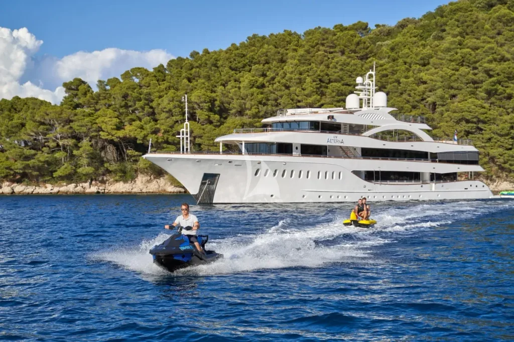 174' AETERNA, based in Croatia year-round, accommodates up to 20 guests sleeping and 60 guests dockside.