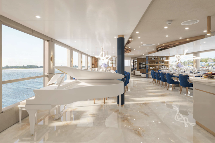 Piano, dining room and bar on 157ft custom motor yacht BELLA