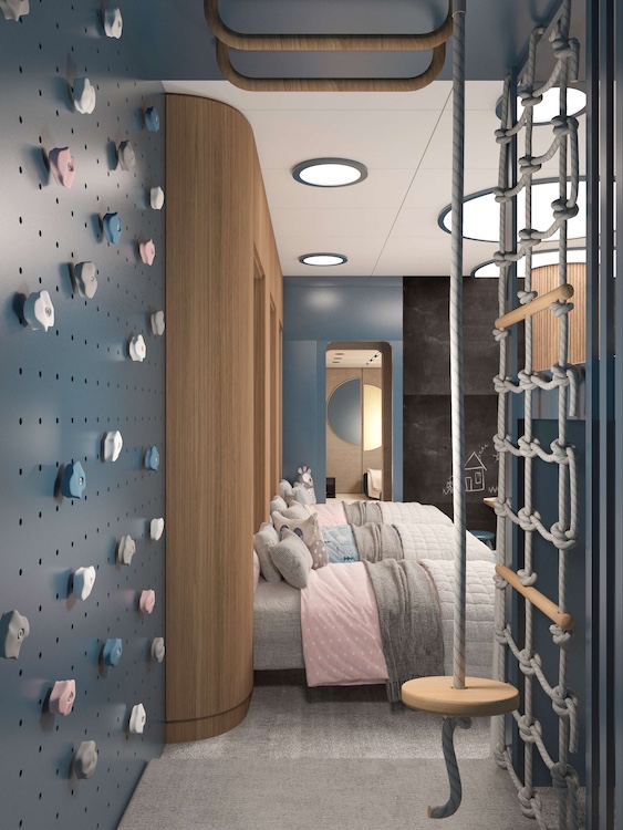 Climbing wall and swing in children's room on 157ft custom-built motor yacht BELLA