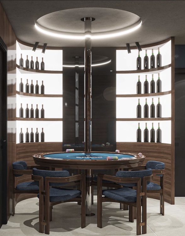 Poker room with wine bottles on 157ft custom-built motor yacht BELLA