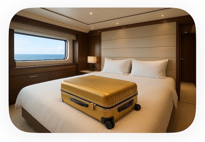 Gold hardshell suitcase on bed in yacht cabin