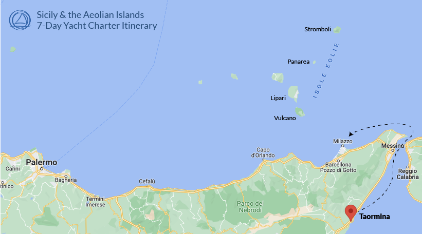 Day 1 Map NE Sicily Taormina And Aeolian Islands 